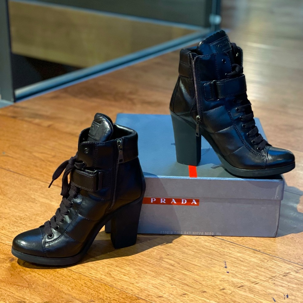 Prada Sport “Nero” Black Nappa Leather Lace Up Ankle Boots sz 38.5